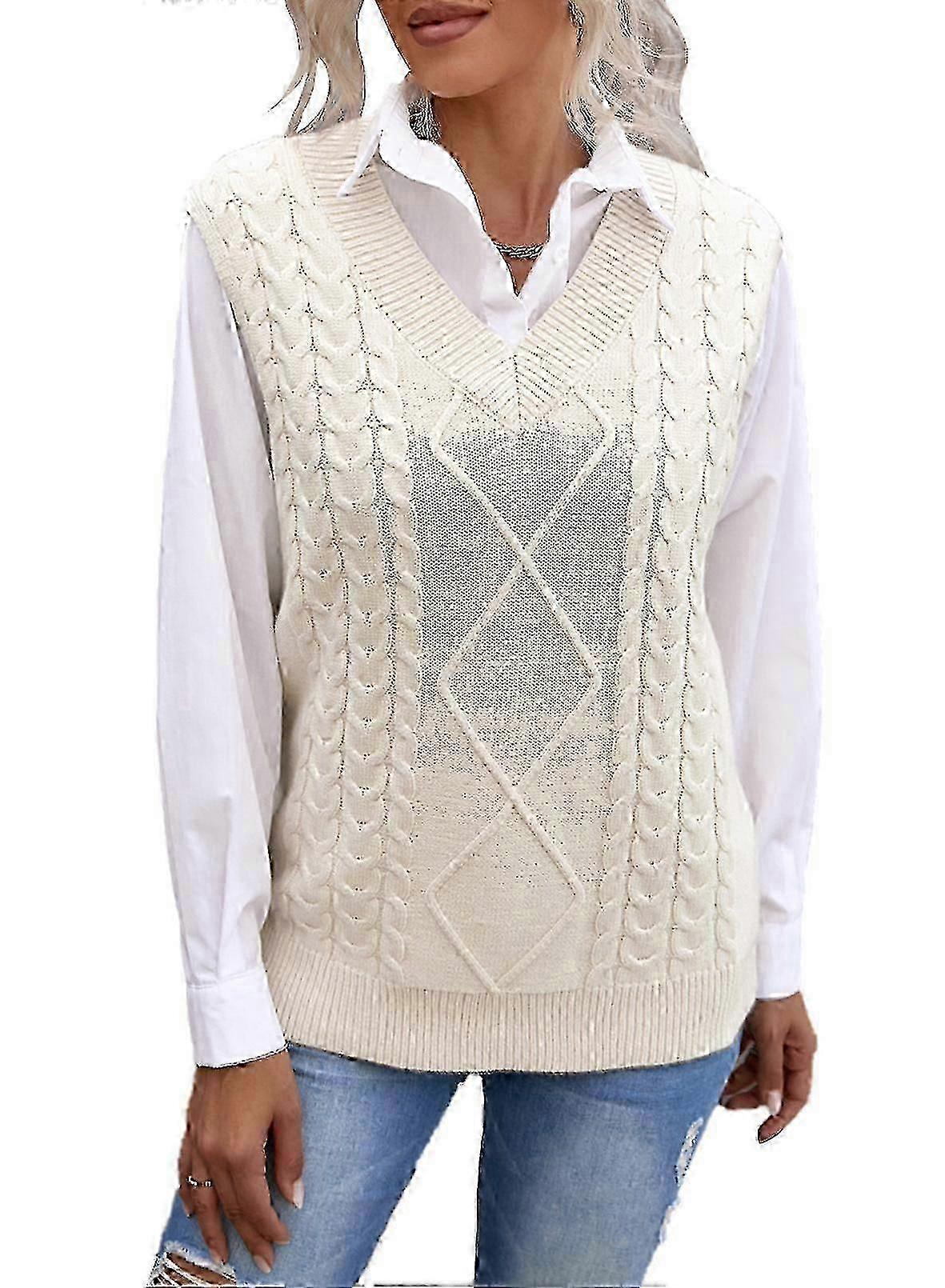 Women's Oversized Solid Color V-neck Knitted Vest Cable Sleeveless ...