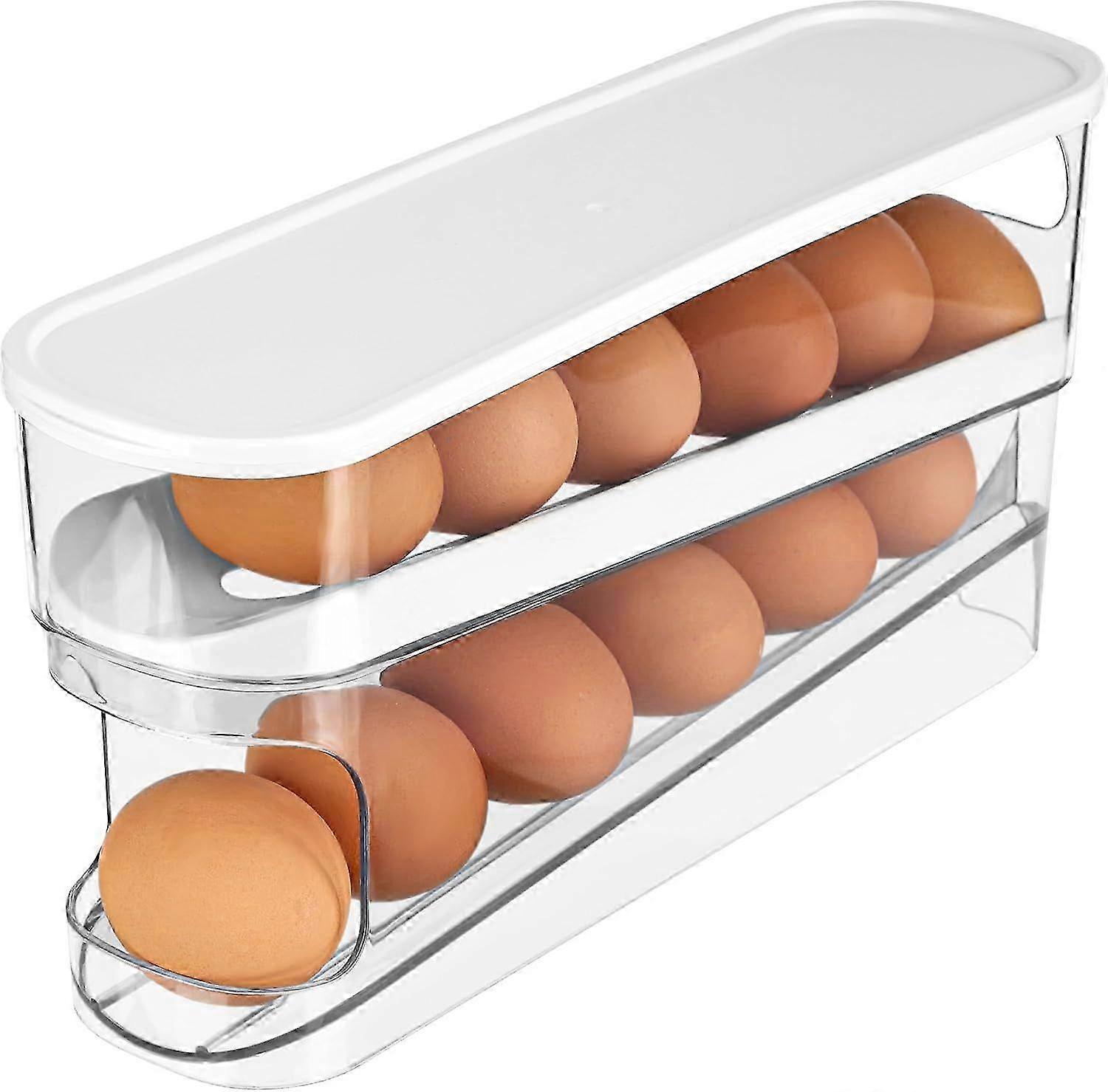 Egg Dispenser - 2 Tier Automatic Rolling - Egg Storage Box - Space Saving Box - Fridge and Kitchen Organizer Drawer - Plastic Hold
