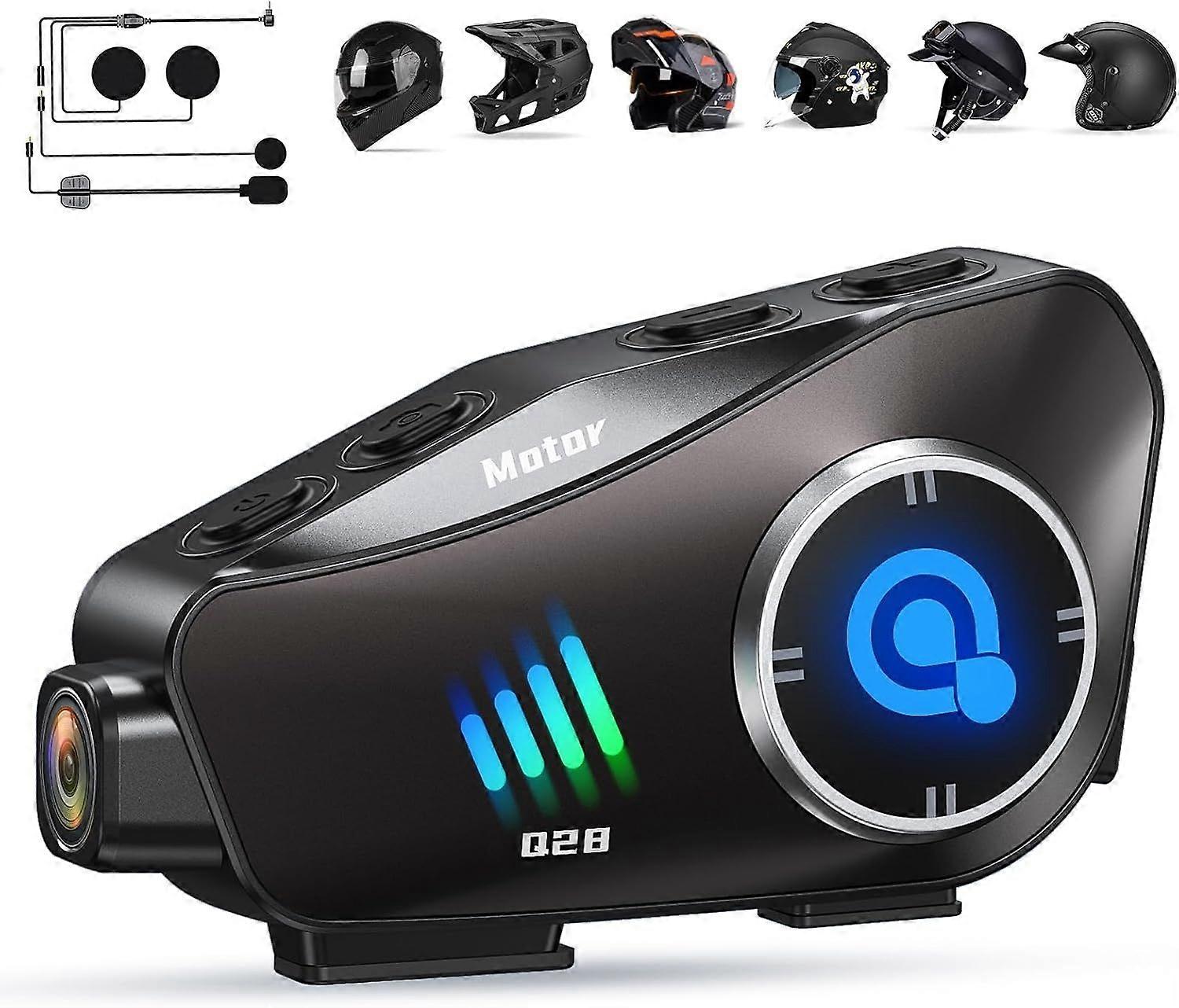 Motorcycle Helmet Headset with HD Camera 1080P Video, Hands-Free Communication with Soft and Hard Mic(Black)