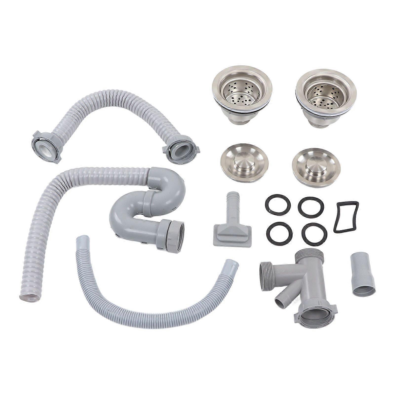 Kitchen Sink Drainer Pipe Stainless Steel S Bent with Double Drains Sewer Pipe Set for Bathroom Home