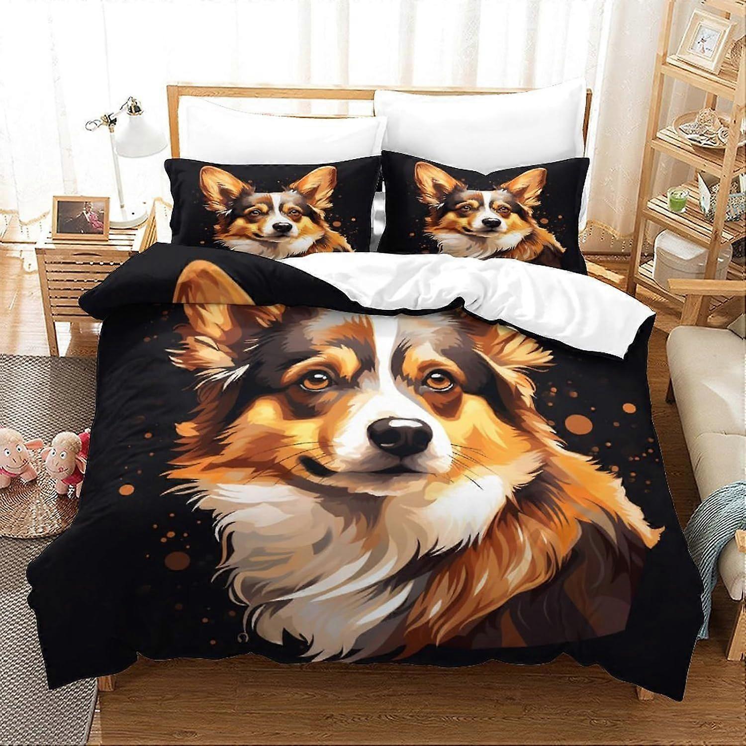 W405 3 Piece Oil Painting Corgi Comforter Set 3D Cute Printed Bedding Comforter Set with Zip Closure for Girls, Super Soft Microfibre Bedding M405