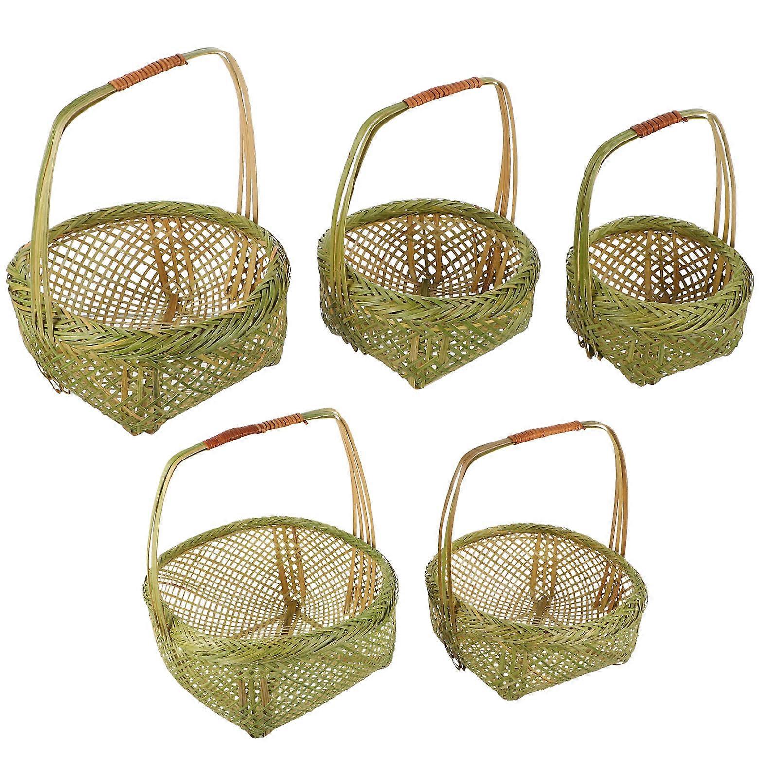 Storage Basket with Handle Bamboo Woven for Storage Use 5Pcs Green Set