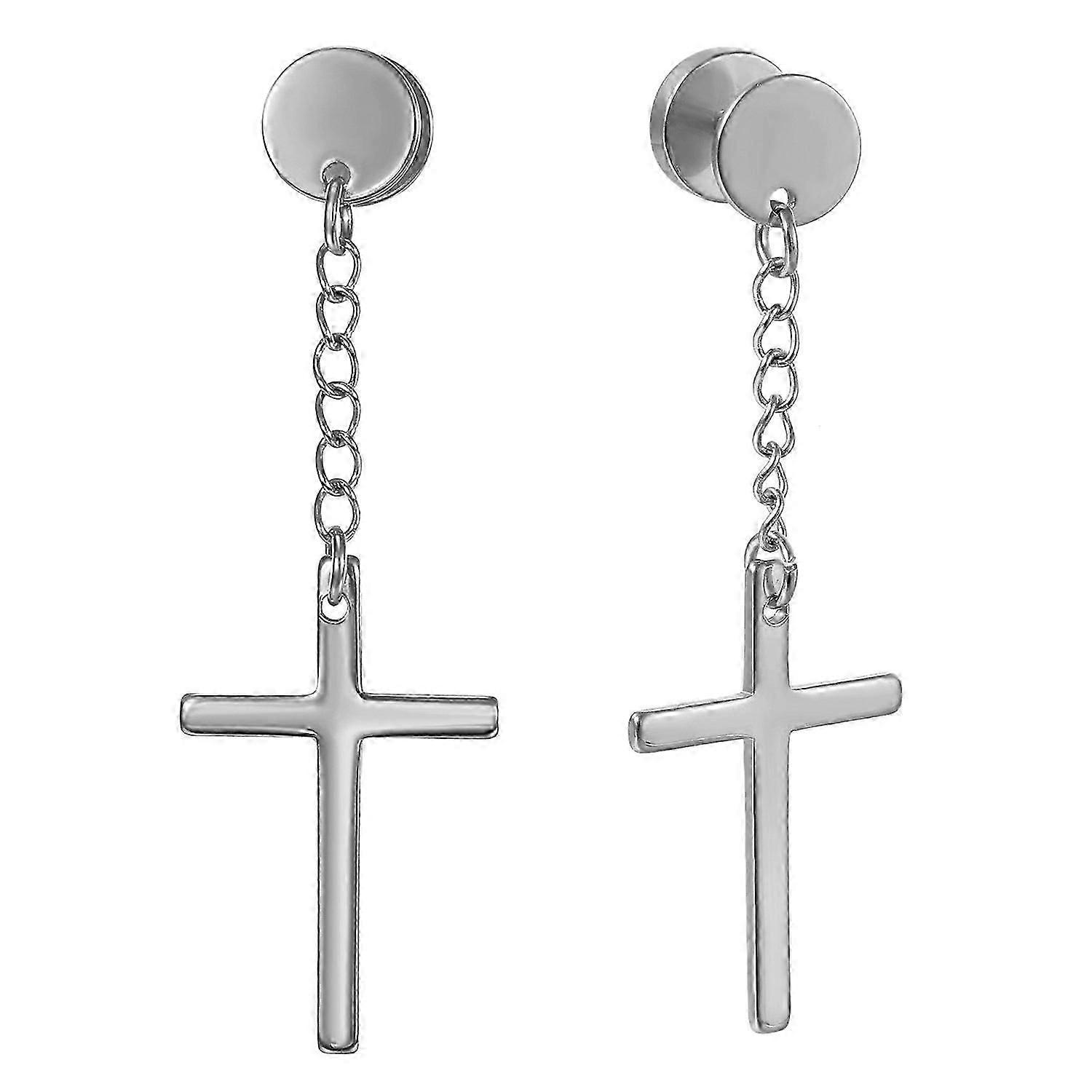 Cross Fake Tunnel Plug Stainless Steel Hanging Earrings for Men's