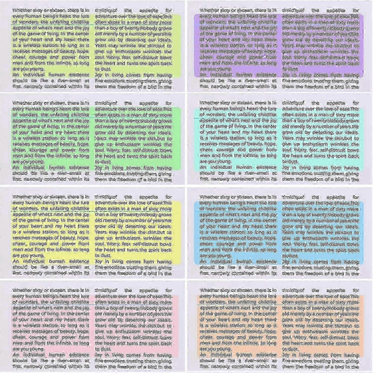Pack of 8 Guided Reading Highlight Strips. Colorful overlaid reading tracking rulers help reduce visual stress.