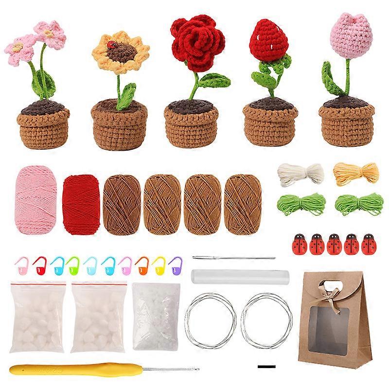 Crochet Plants Starter for Adults with Crochet Hooks Yarn Polyester Fiber Stitch Markers  for Beginners Kit, 6 Potted Plant Materials Kit
