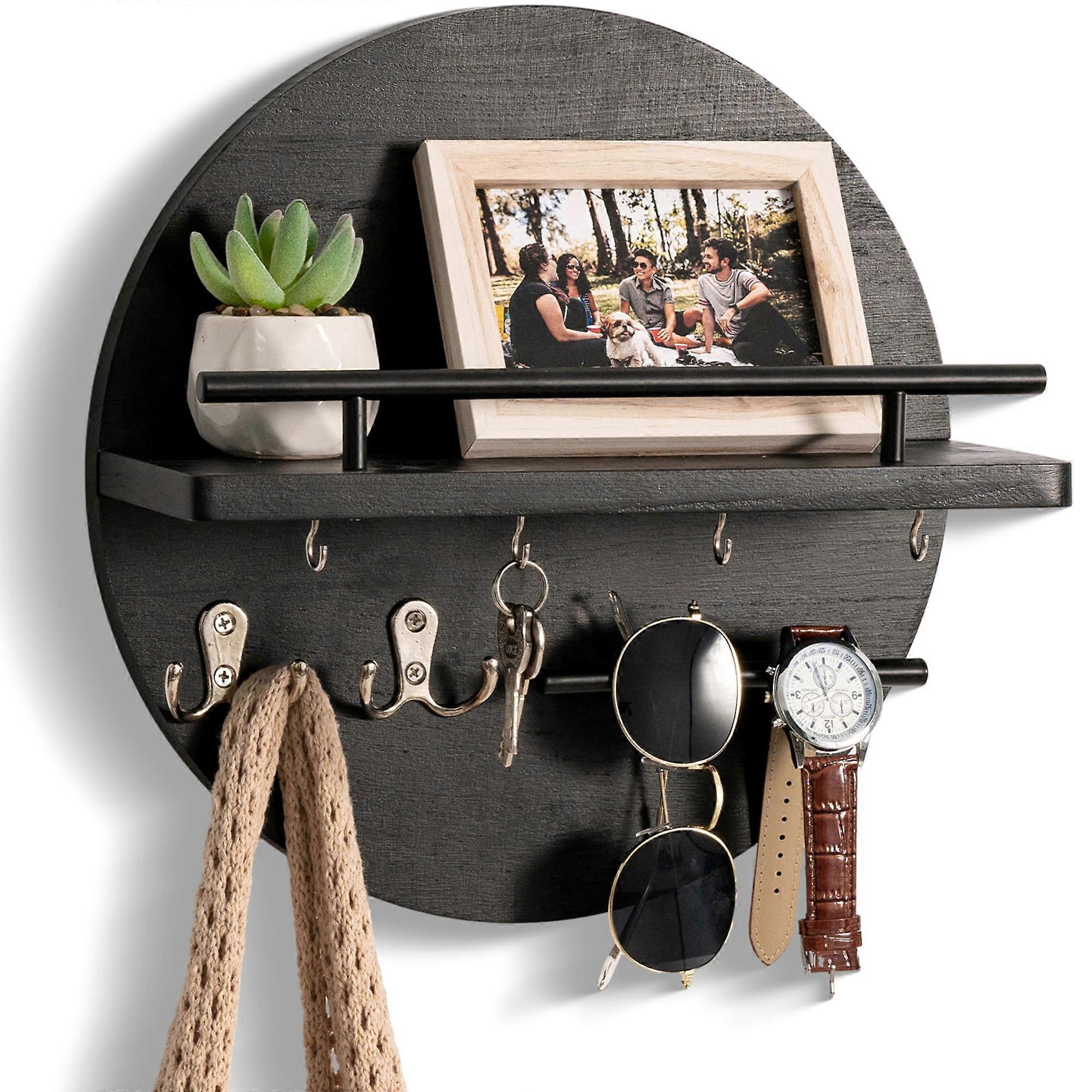 Wall Mounted Key Holder with Shelf and Hooks, Rustic Mail Organizer for Entryway Decor Black