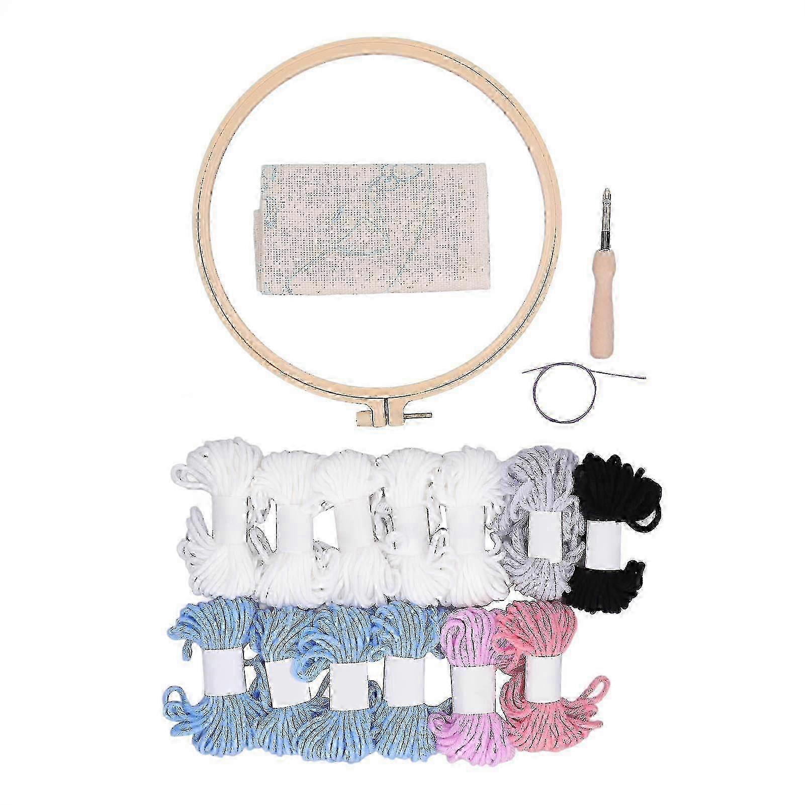 Punch Needle Kit for Beginners Cute White Cat Design 9.8in Frame with 13 Yarns Easy Operation