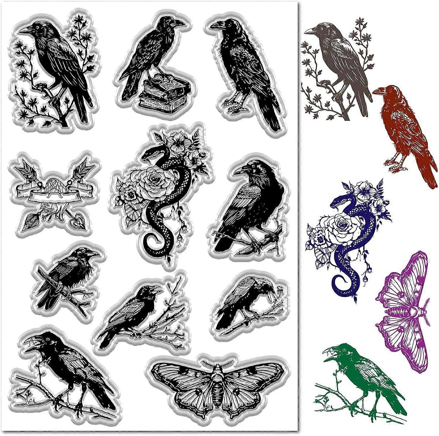 Animals Clear Stamp for Card Making Bird Raven Snake Butterfly Moth Flower Rubber Silicone Reusable Transparent Seals for Journaling DIY Scrapbooking 