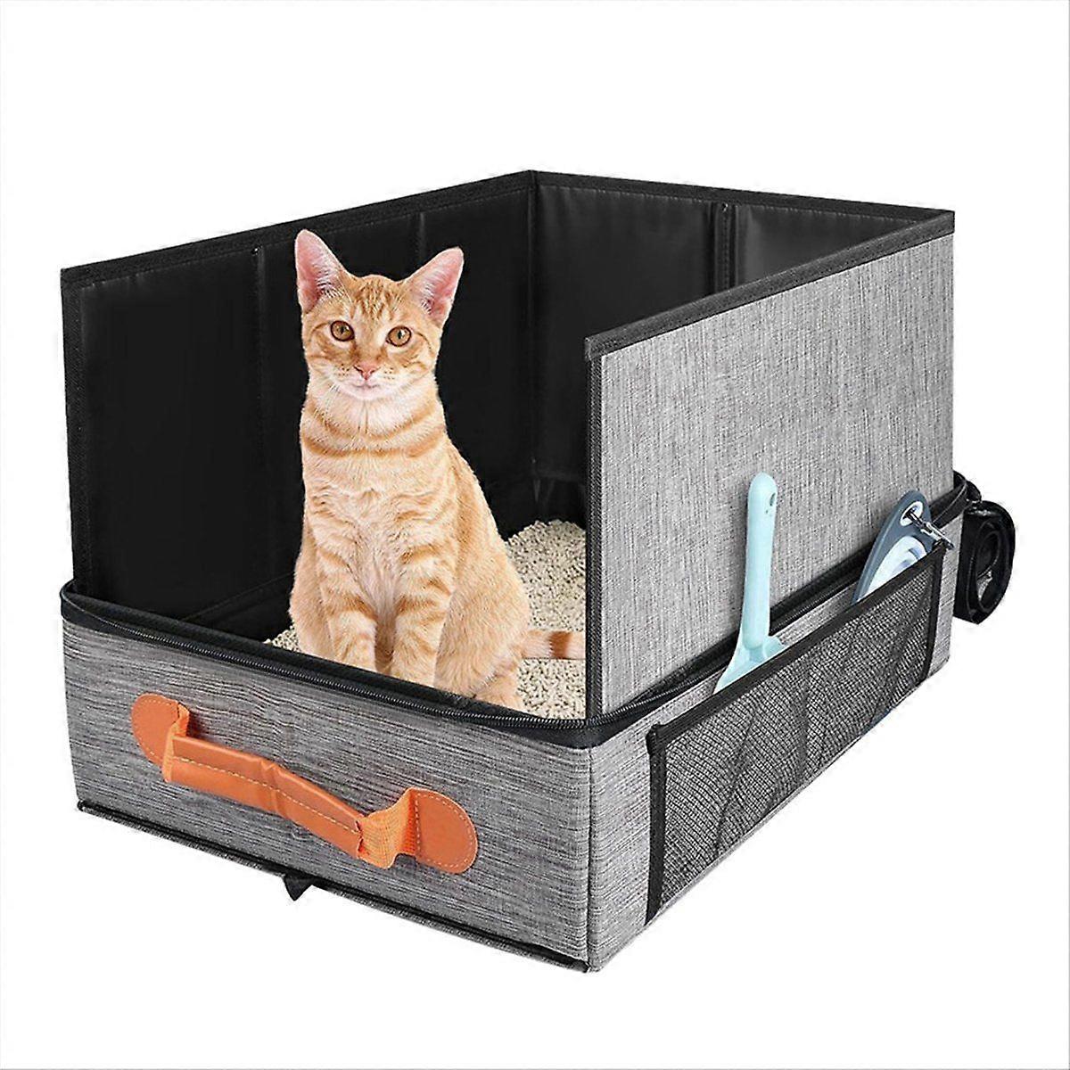 Travel Litter Box for Cats, Fold Cat Litter Box with Lid, Portable Cat Box with Zipper & Hard Botto