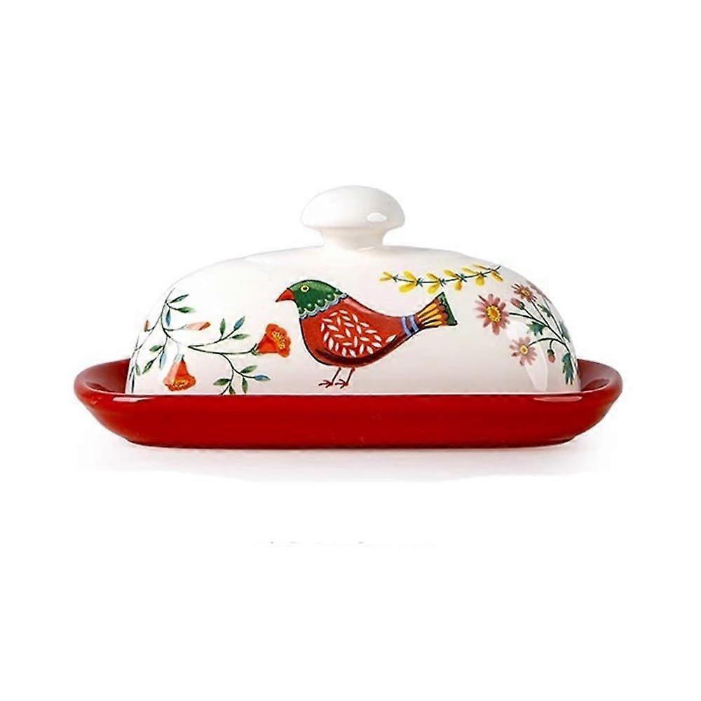 Ceramic Butter Dish with Lid Keeps Butter Fresh Fits Various Sizes AntiSlip Base Red
