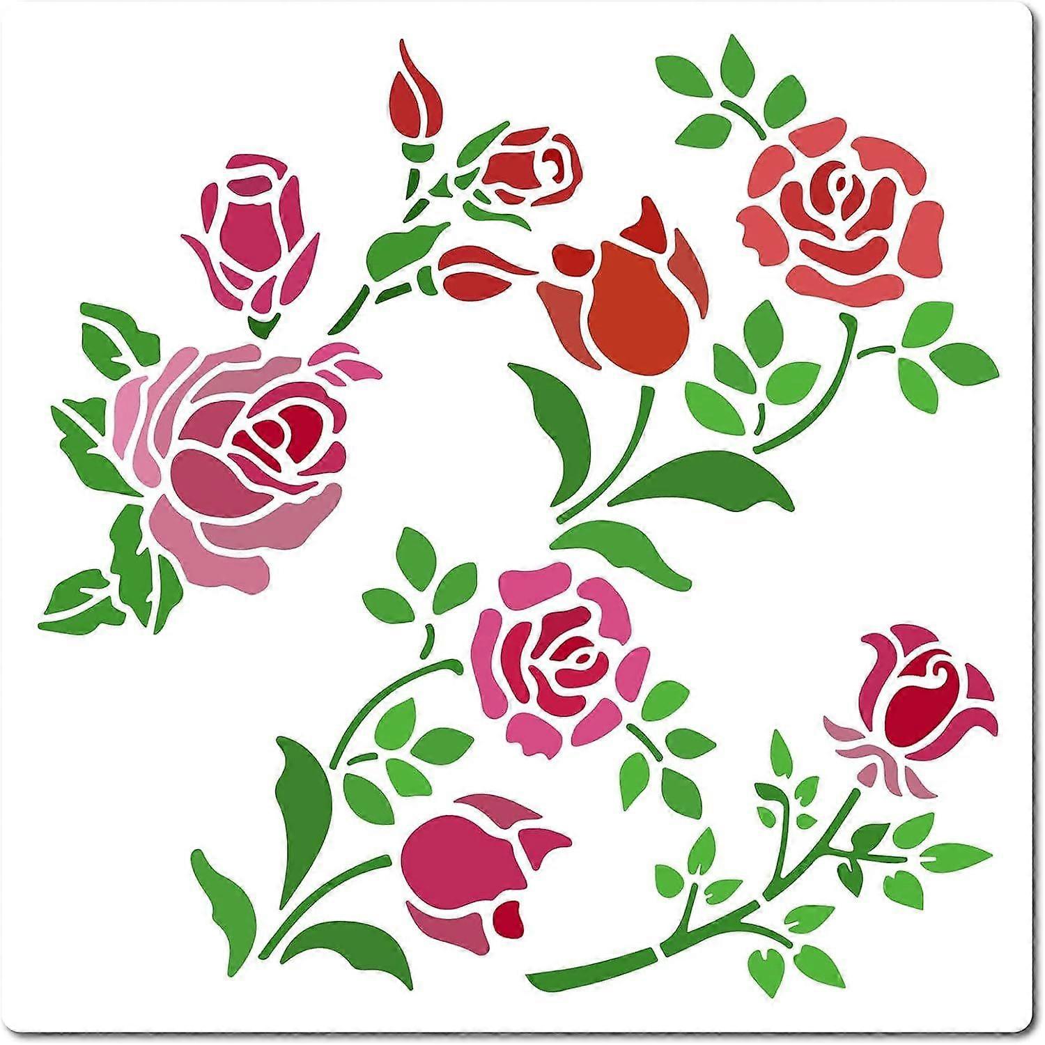 Rose Flowers Stencil 18x18cm Floral Bud Vine Branch Leaves Pattern Templates Reusable Square Plastic Painting Stencils Sign for Notebook Scrapbooking 