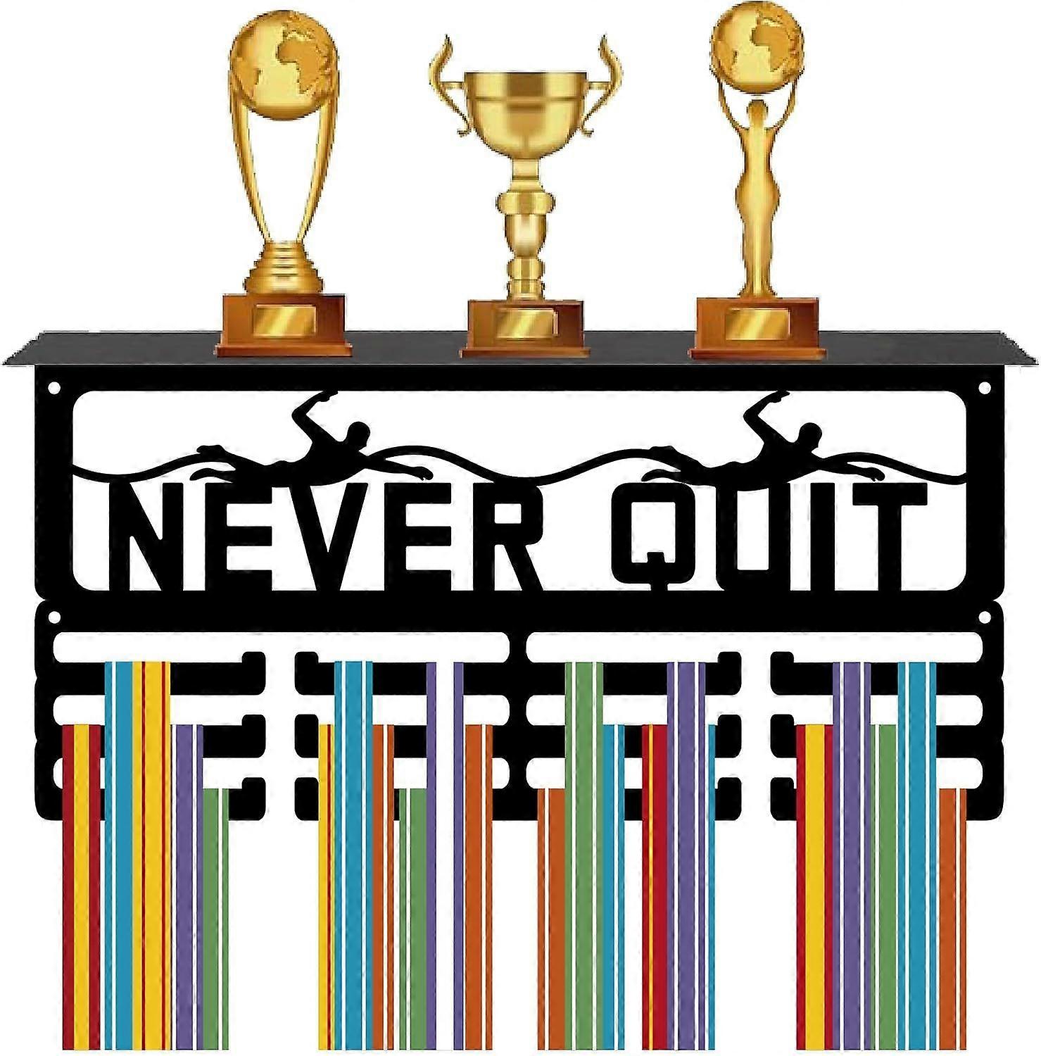 Never Quit Medal Display Hanger Trophy Shelf with 16Hooks Medal Holder Hanger Black Metal Shelf Trophy Display Wall Mount 70+Medals Organizer Rack for