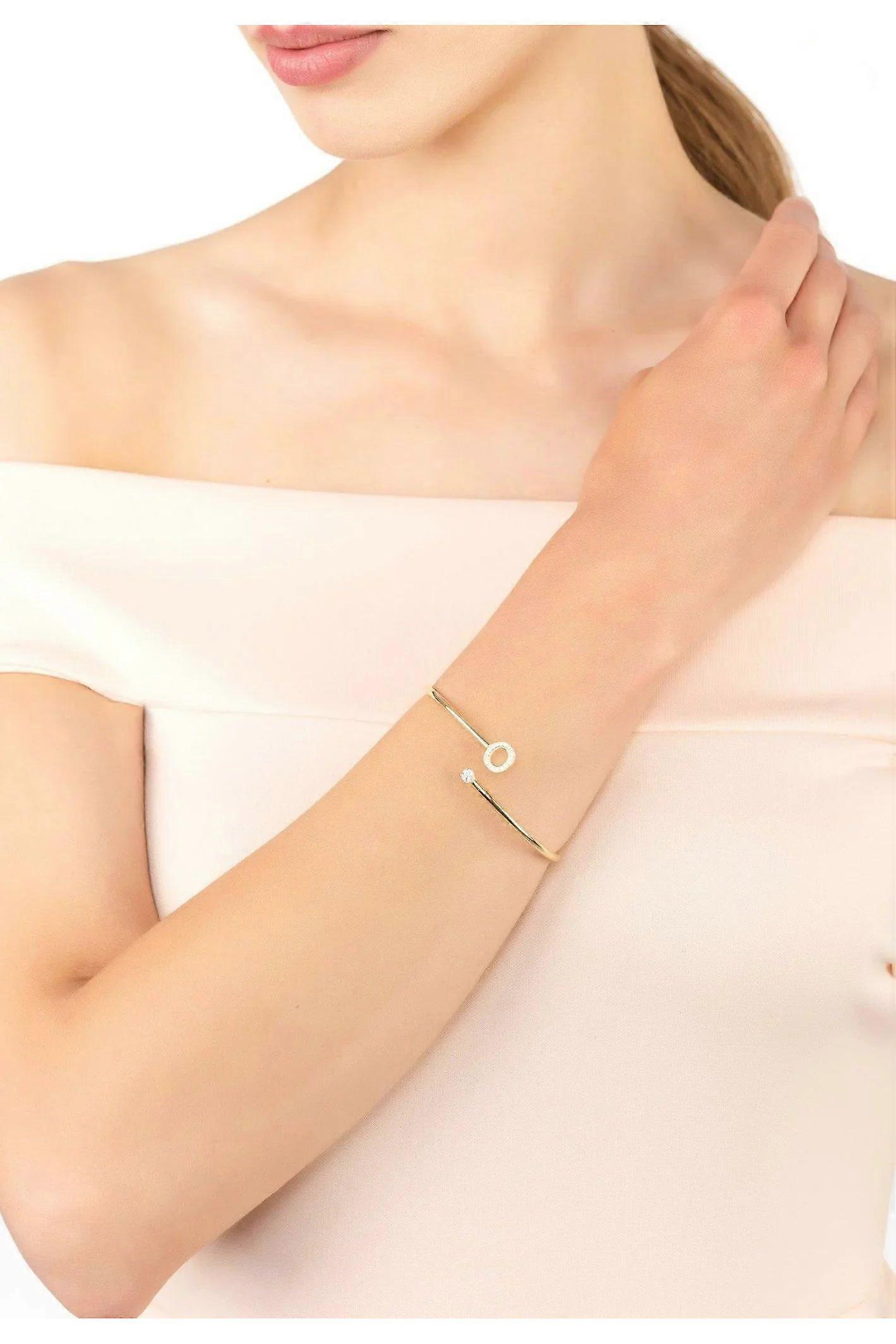 Latelita Women's 925 Sterling Silver Initial Bangle with 22ct Gold Plating and White Cubic Zirconia - Gold