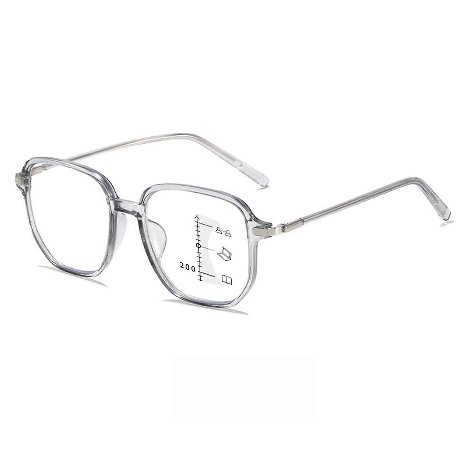 Progressive Multifocus Square Frame Reading Glasses Blue Light Blocking Anti Glare for Unisex Gray 3.0x