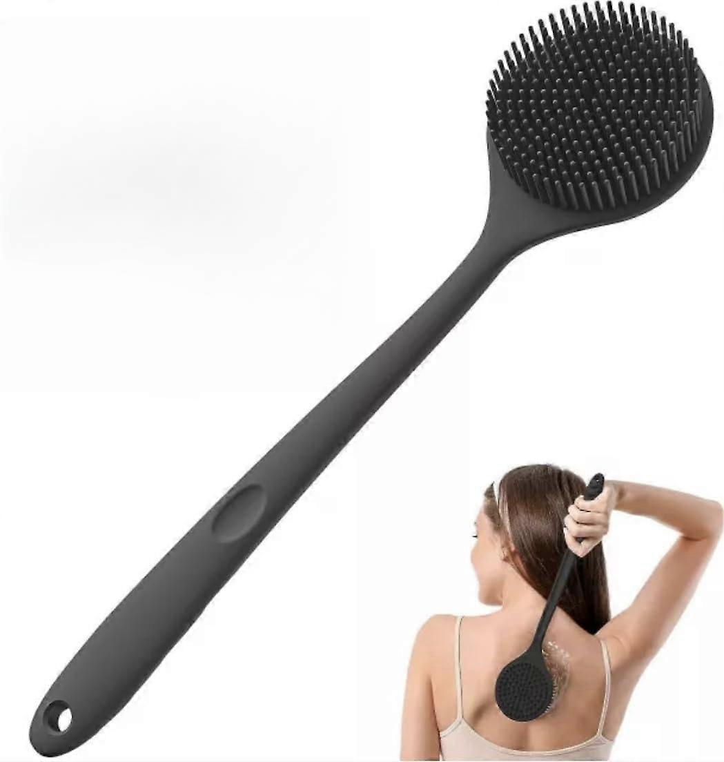 Long Handle Back Scrubber with Soft Silicone Bristles, Ergonomic Shower Brush, Black