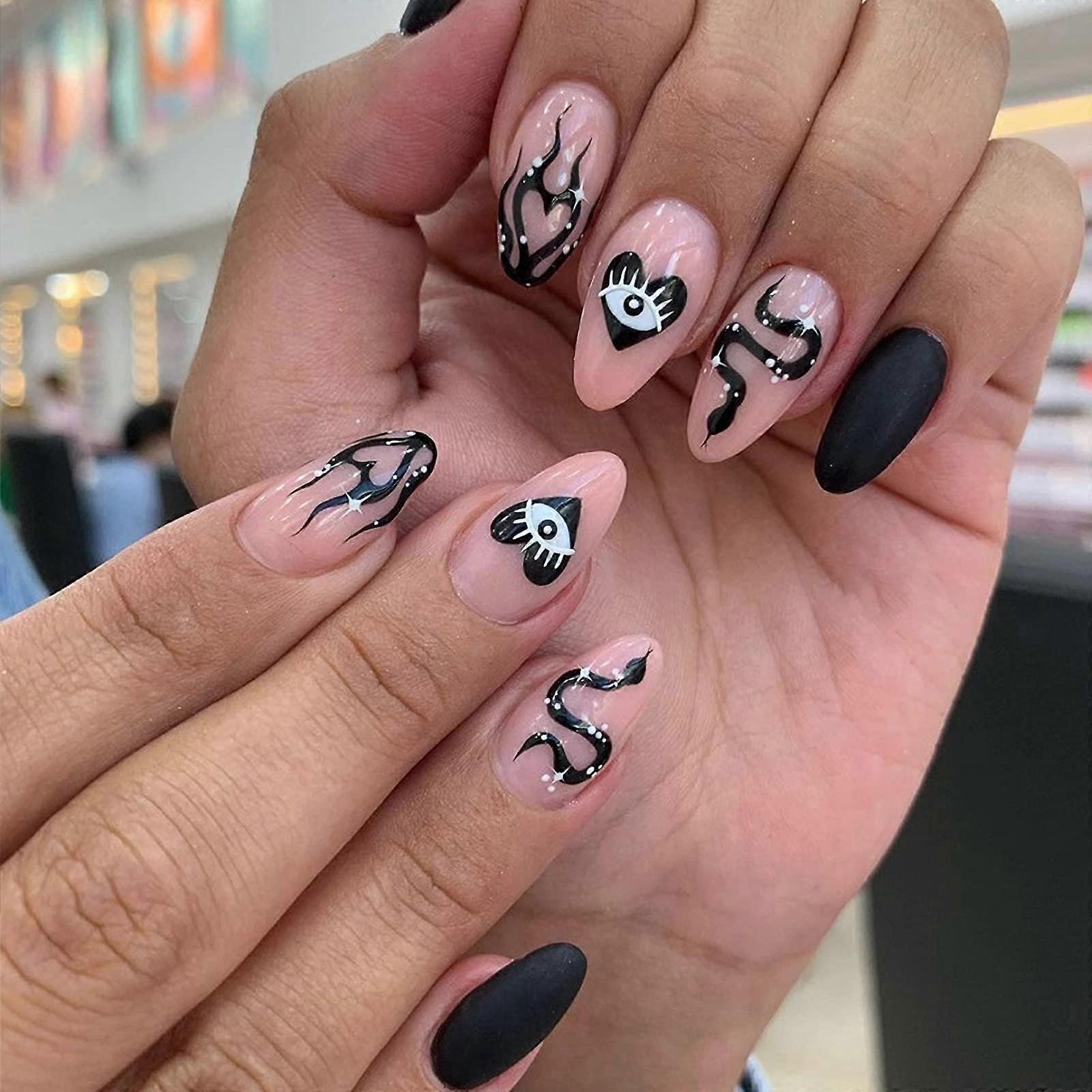 Medium Almond Press On Nails Set Gothic Black Flame Glossy Acrylic False Nails 24pcs