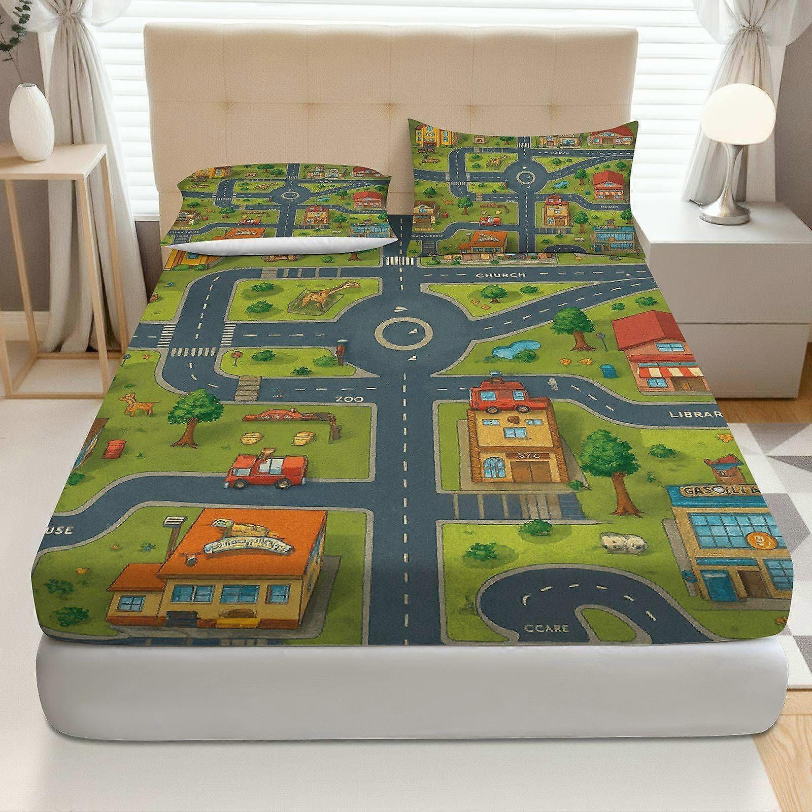 3pcs Playful Fun Town Fitted Sheet Three Piece Set