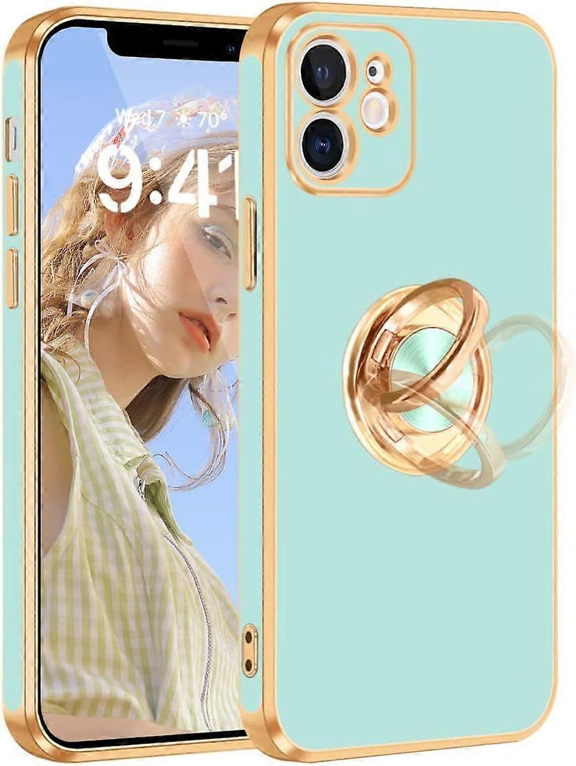 iPhone 12 Case, iPhone 12 Phone Case with Stand, [360 Rotatable Ring Holder Magnetic Kickstand], Teal/Gold