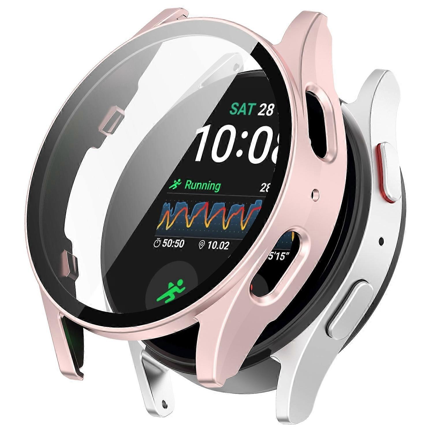 For Samsung Galaxy Watch 7 40mm Plastic PC Smart Watch Case + Protective Tempered Glass Rose Gold