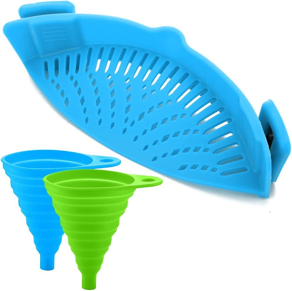 Pxcl Silicone Colander With 2 Collapsible Funnels - Attach The Colander To The Pot To Drain Your Food - Blue