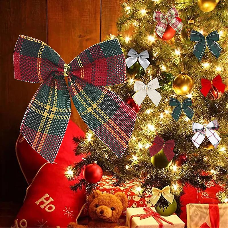 New Year 2024 Navidad Gifts Bow 10Pcs Linen Christmas Bow Decoration Christmas Tree Hanging Ornaments Bowknot for Xmas Wreath