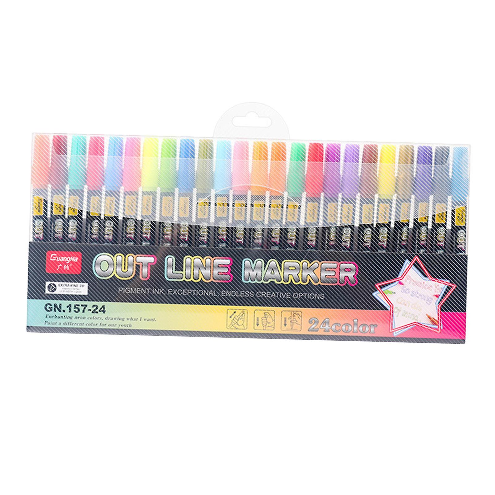 24 Colors Writing Drawing Double Line Outline Pen Highlighter Marker Pen