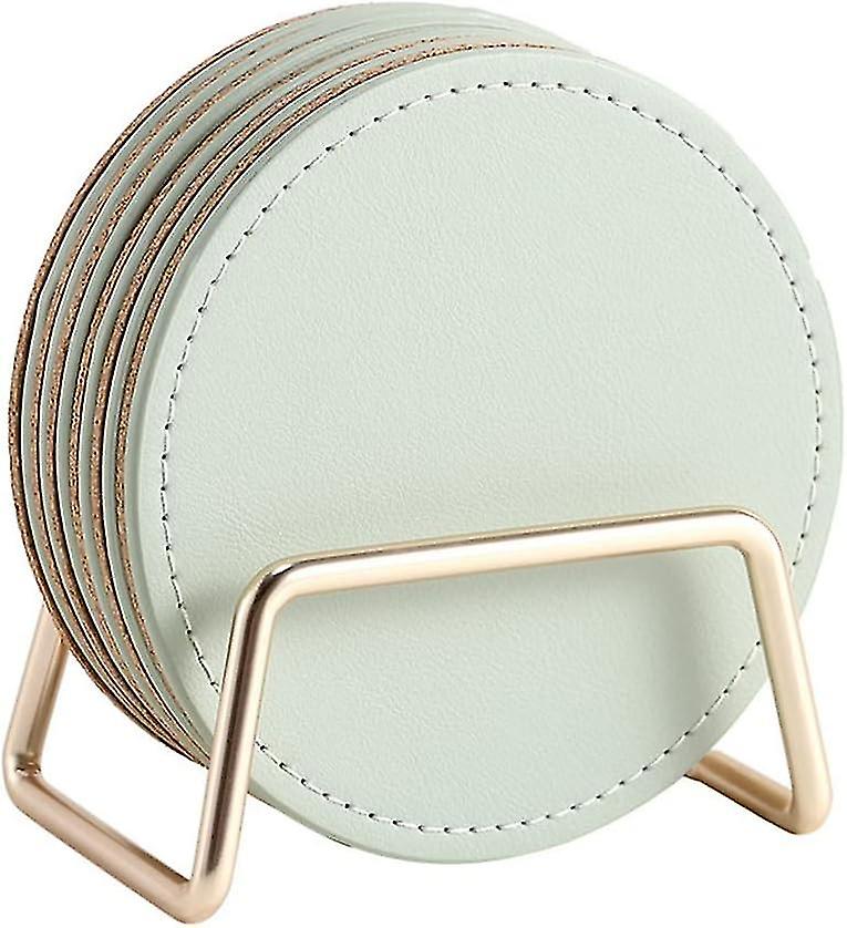 Set of 6 Green PU Leather Coasters with Metal Stand - Round Cork Base for Coffee Table