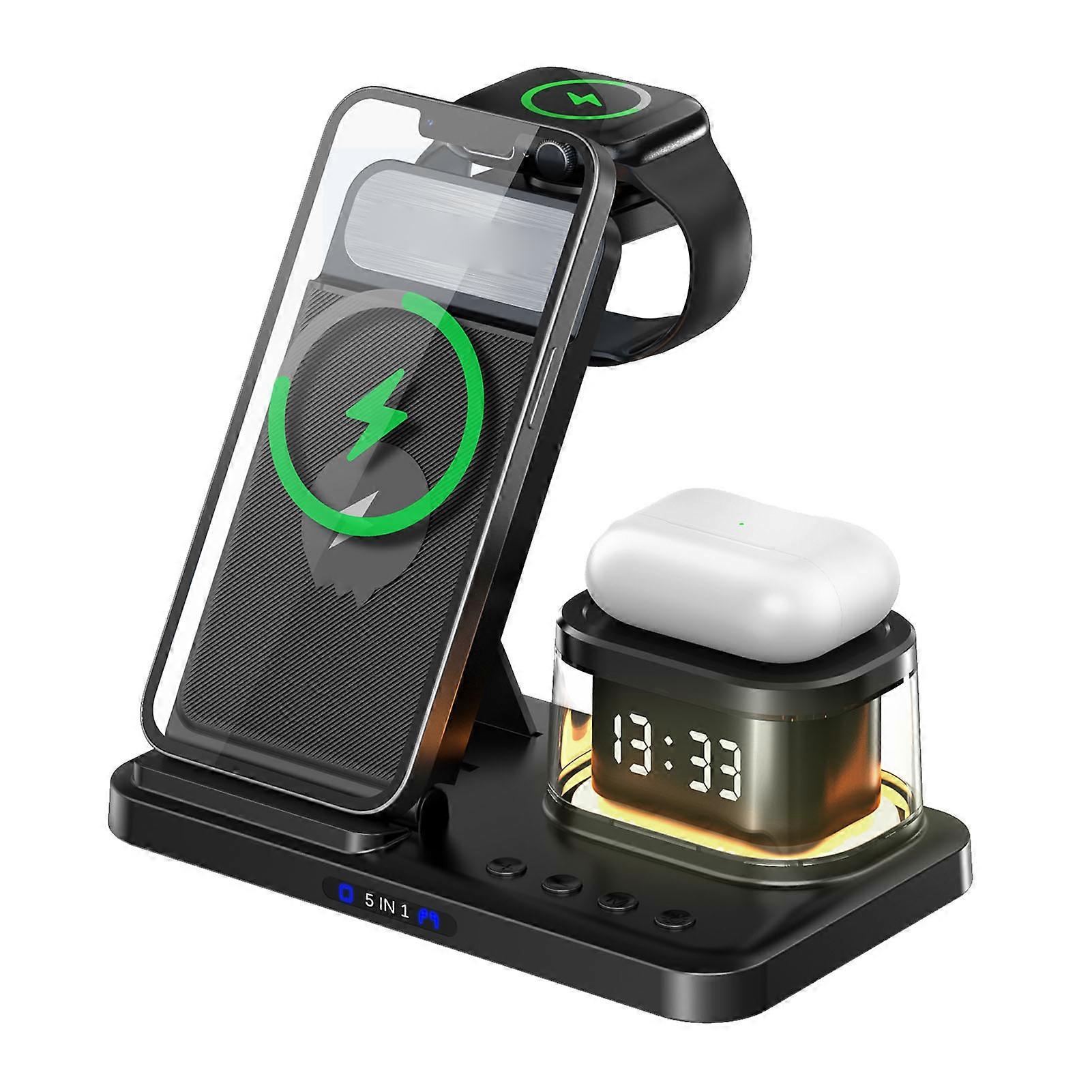 5 in 1 Charging Station Clock Night Light Function Portable Wireless Charger for Mobile Phone Watch Headset