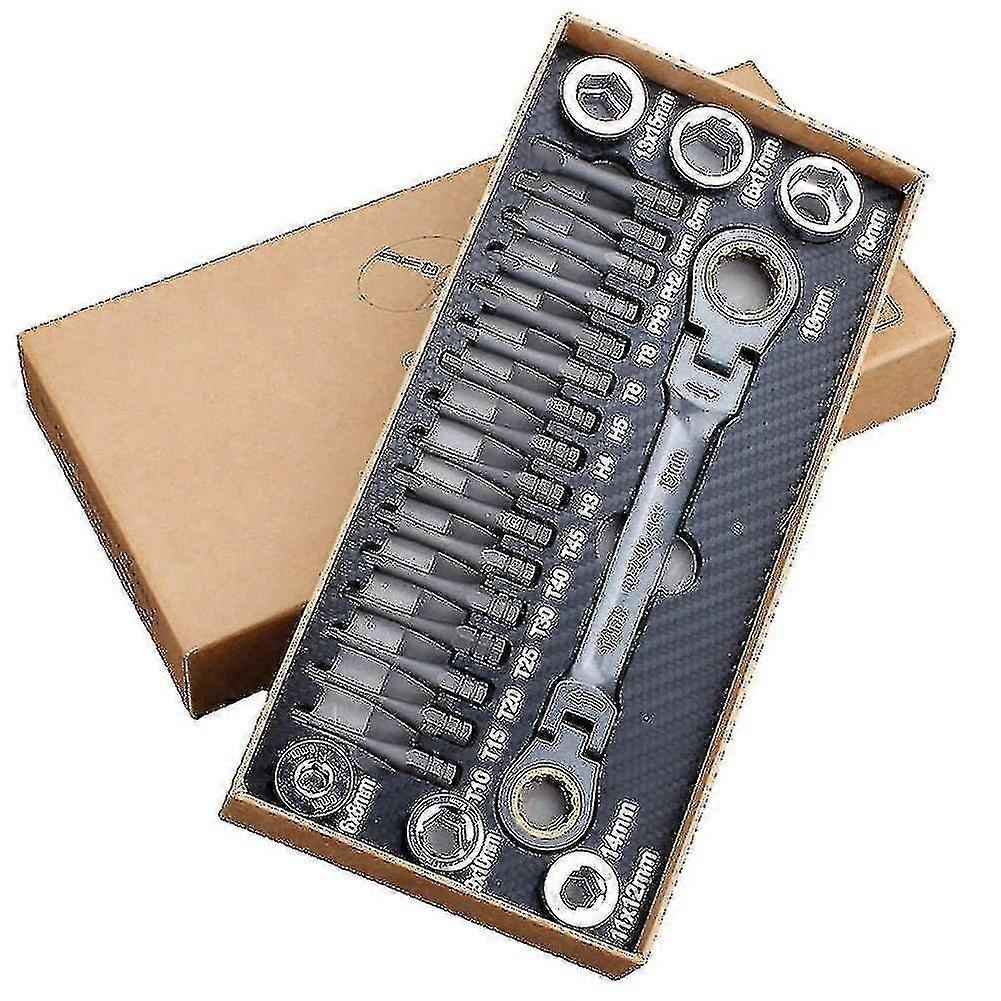 23pcs Multifunctional Ratchet Spanner Set Flexible Head Ratchet Double Box Wrench Socket Screwdriver