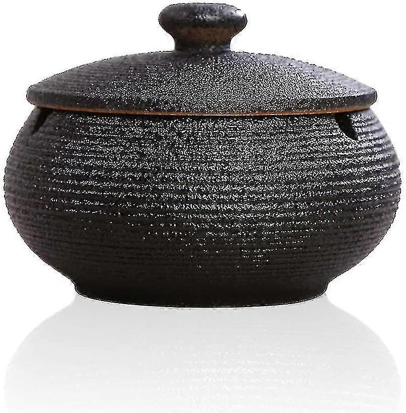Ceramic Ashtray With Lid, Windproof, Retro Chinese Style, Black-Good