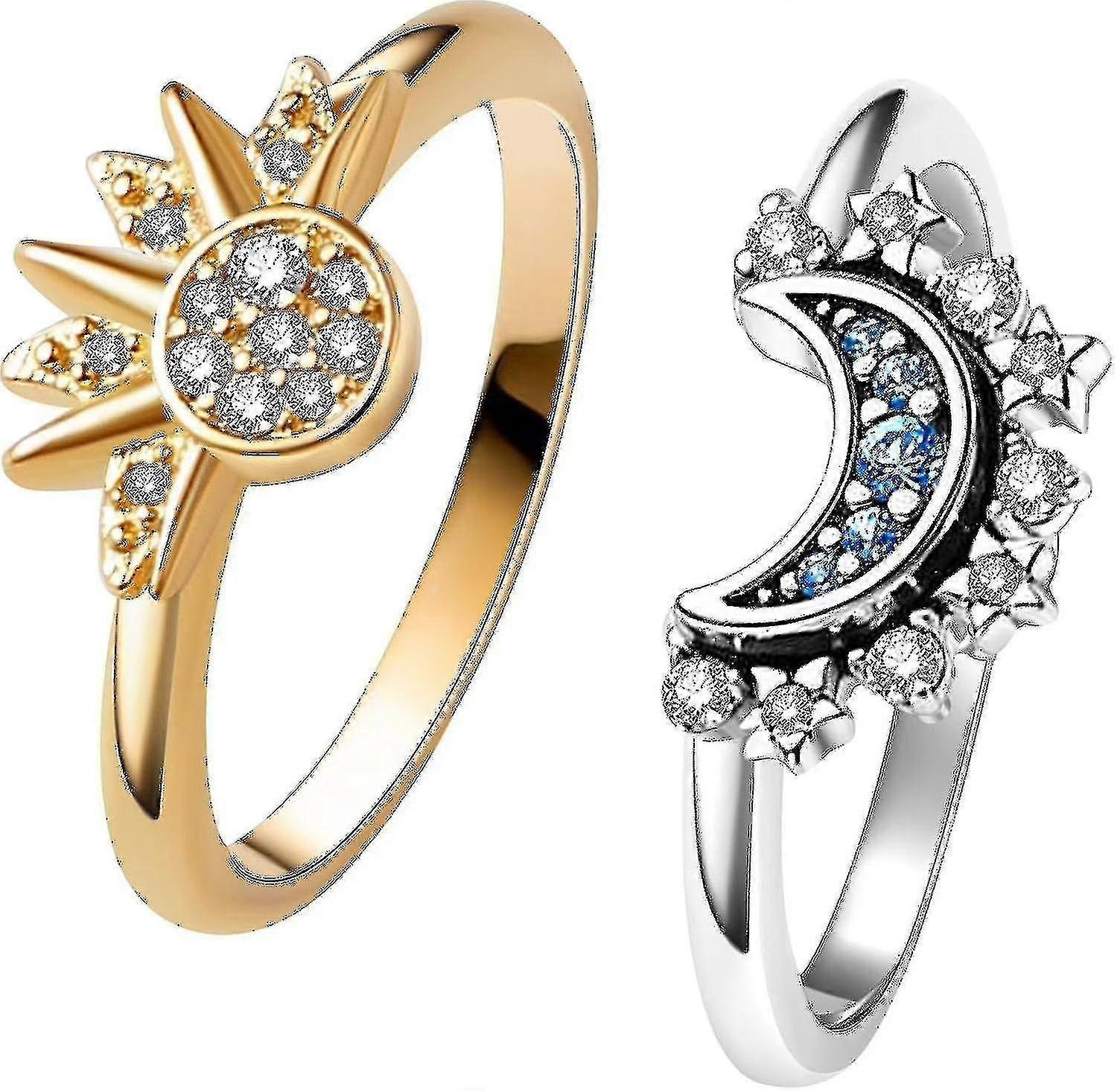 Celestial Sun And Moon Ring Set, Sparkling Sun Ring/blue Moon Ring With 14k Gold/silver Plating.4