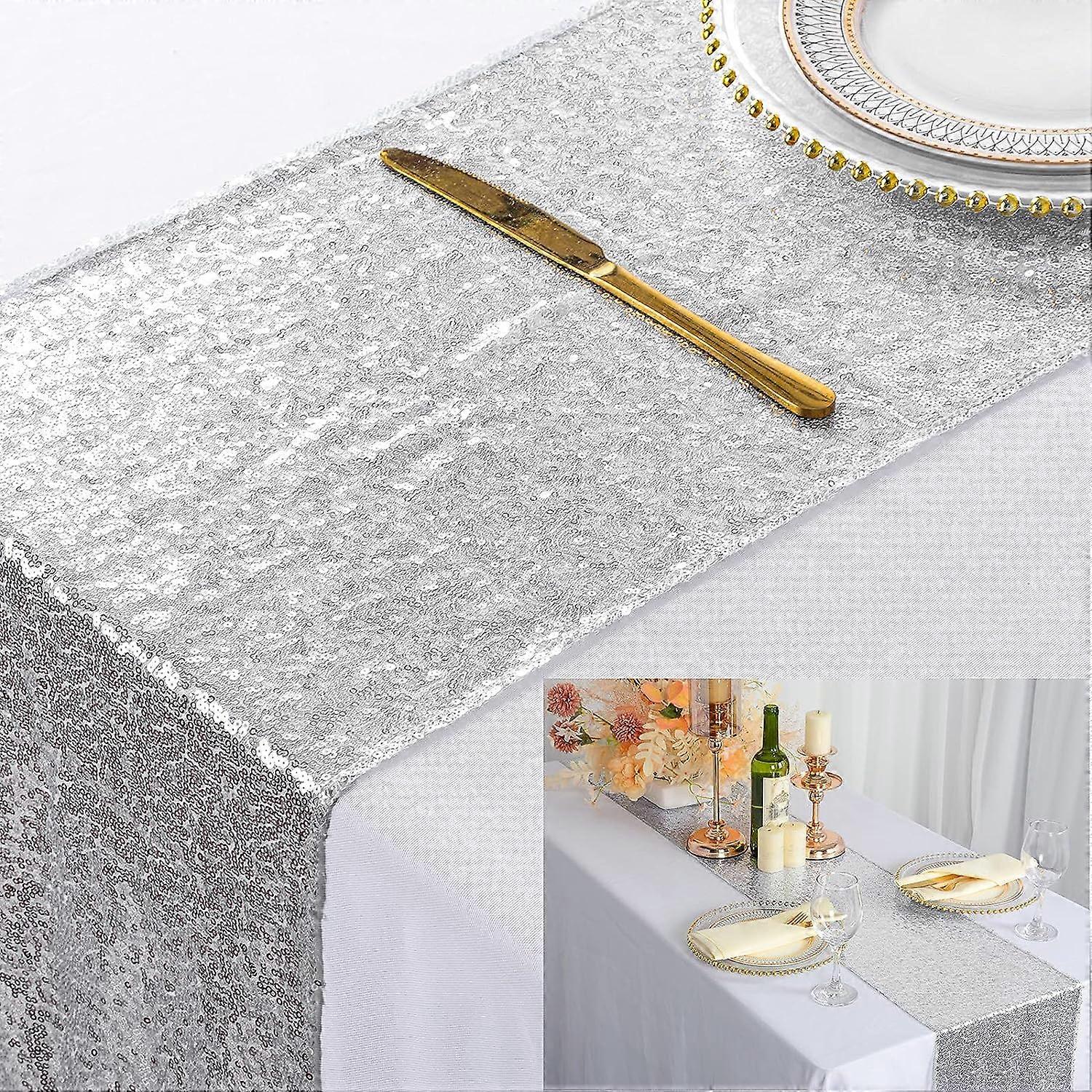 Silver Sequin Table Runner 12 X 108 Inch Sequin Table Runner Sparkle Table Covers for Wedding Bridal Shower Birthday Party