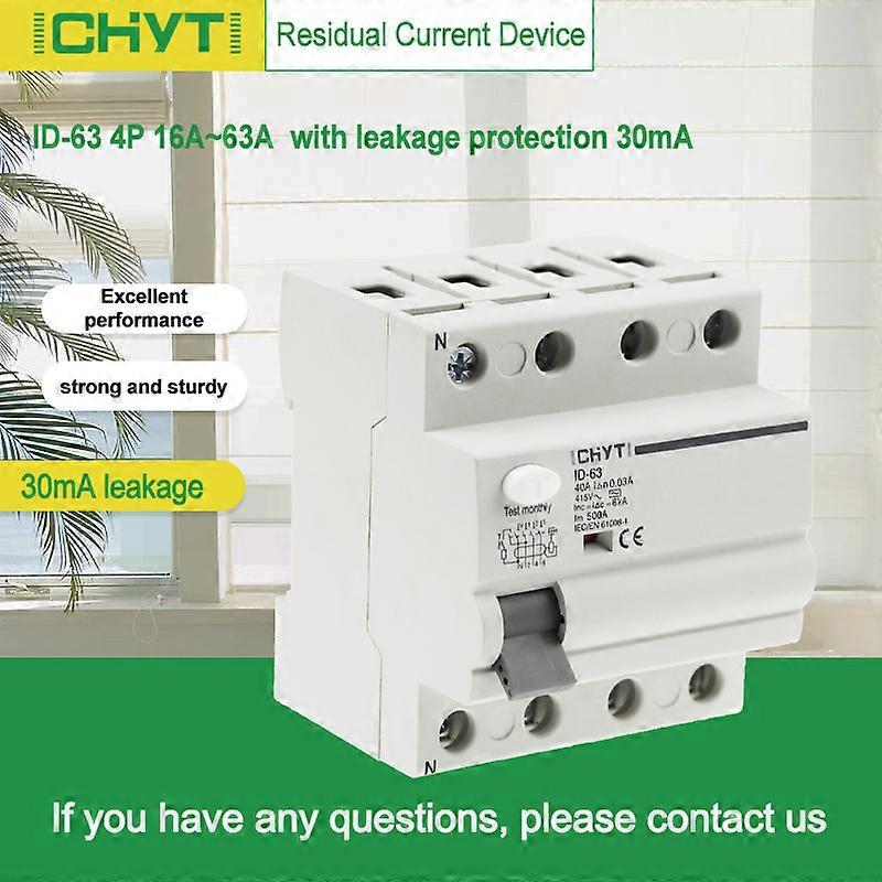 AC 4P 16A ~ 63A 30mA RCD 230V 380V 400V 415V sähkömagneettinen jäännösvirtasuojalaitteen differentiaalikatkaisijan turvakytkin