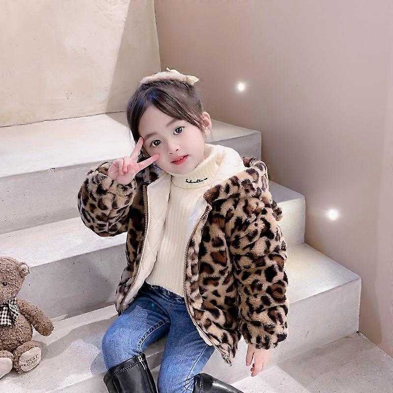 Winter Girls Warm Thick Jackets Fur Hooded Leopard Print Kids Cute Parkas Girl Outdoor Coats Baby Girl Zipper Overcoat 2-10Years