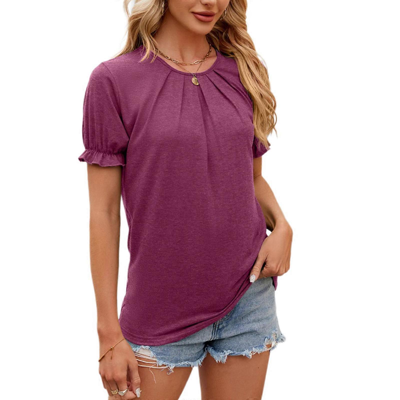 Womens Blouses Casual Short Sleeve Shirt Loose Crew Neck Pleated Tunics Top Loose Tshirt Tees Top Gifts  XL Burgundy