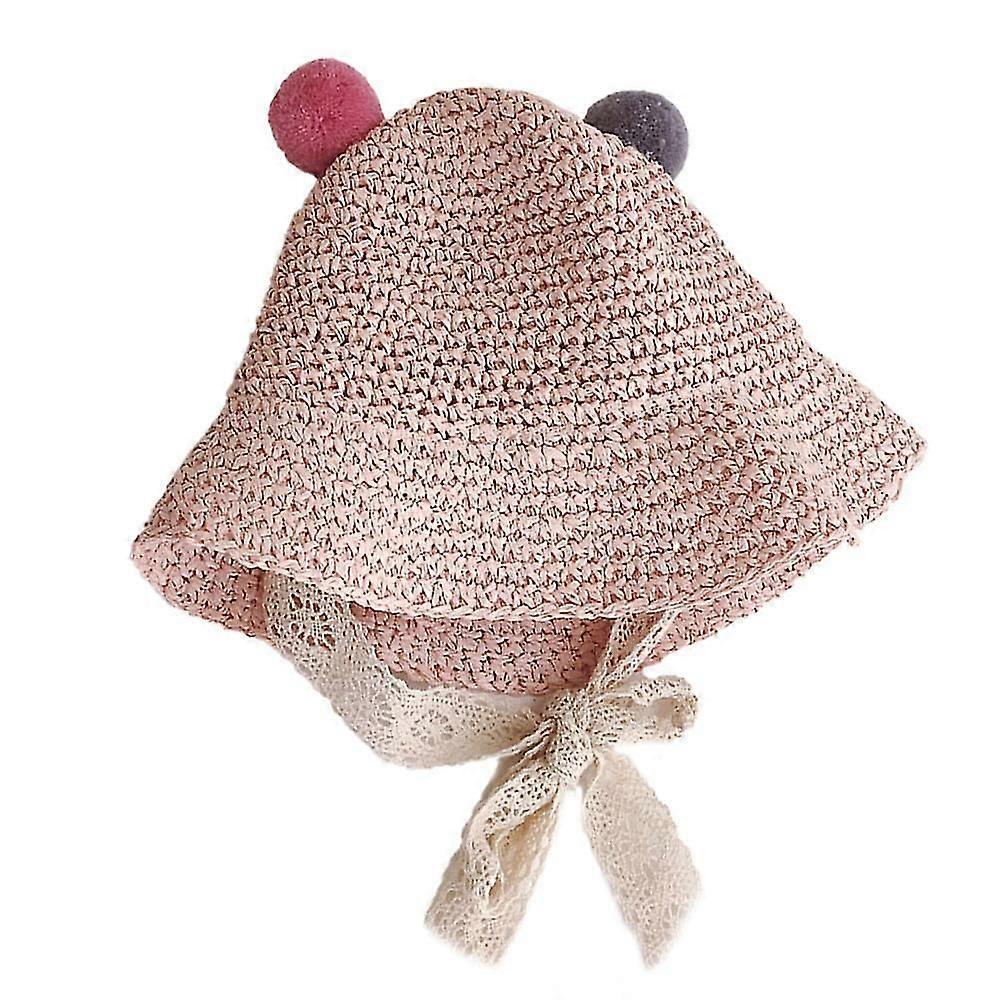 Head Circumference 52cm Children's Color Ball Ears Streamer Straw Hat Baby Foldable Sunscreen Sun Hat