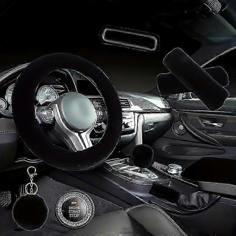9pcs/set 2023 New Plush Car Interior Set 1 Steering Wheel, 2 Seatbelt Shoulder Protector, 1 Armrest Box Stop, 1 Pair Hand Brake, 1 Rearview Mirror Cov