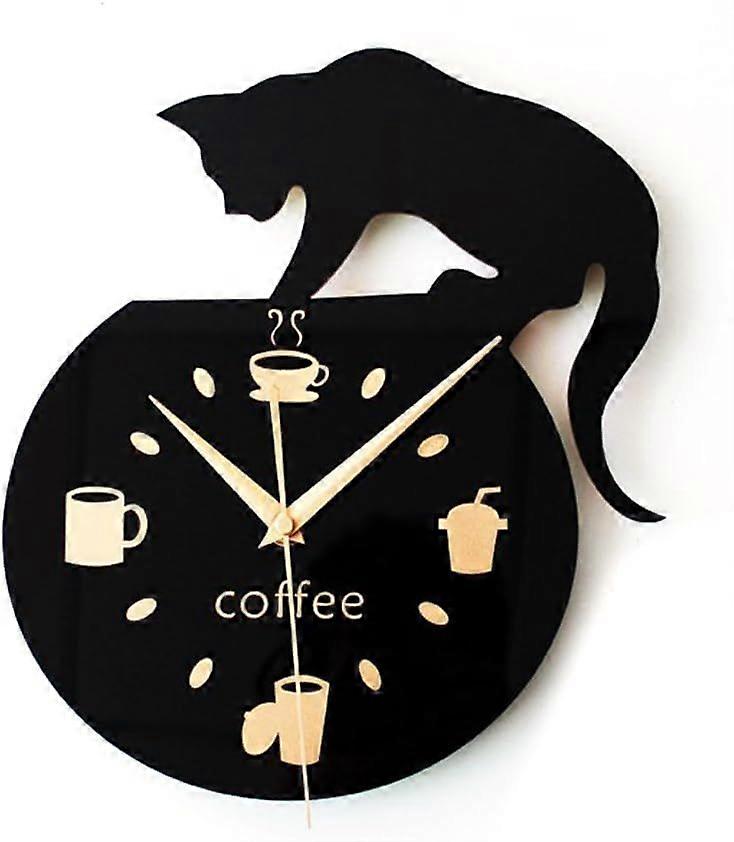 Cartoon style wall clock with climbing cat visual, coffee mug and "Coffee" lettering