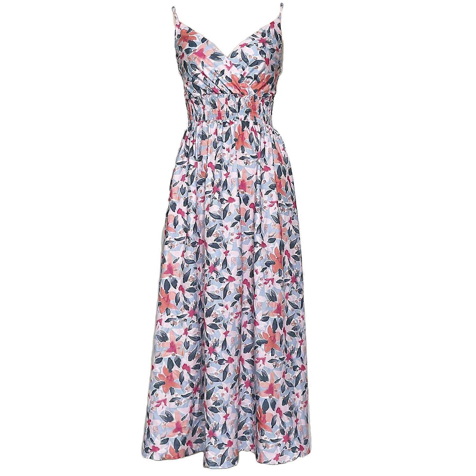 Floral Printed Sling Dress Spaghetti Strap Dress High Waist Casual Middle Length Skirt Elastic Waist Sleeveless Dresses  White XL