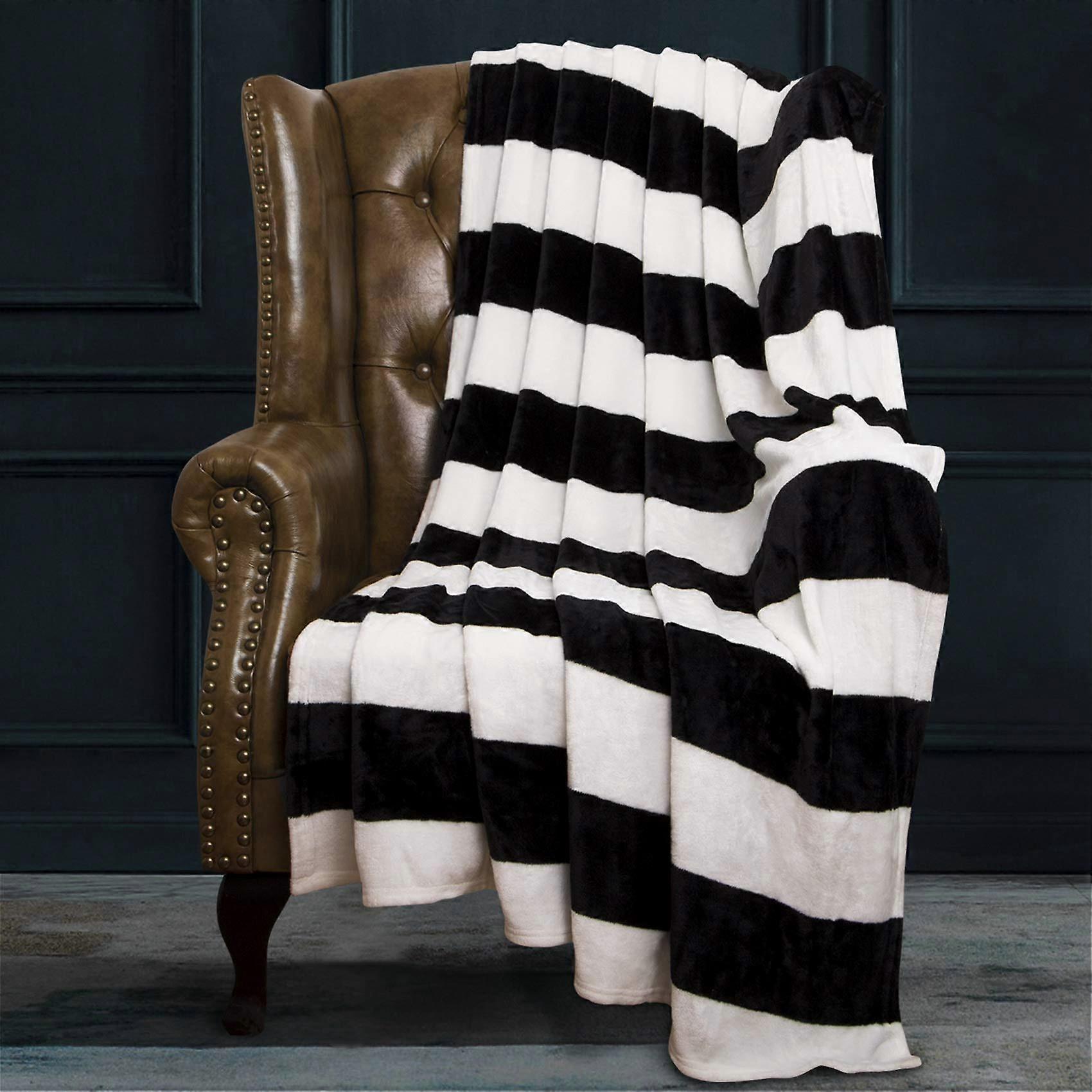 Flannel Throw Blanket, Super Soft Black and White Stripe, 51"x68", Cozy Home Decor for Couch and Bed