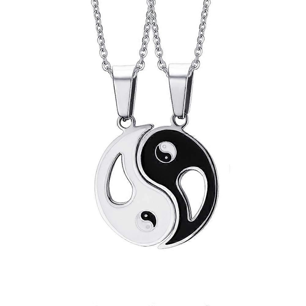 Yin Yang BFF Couples Necklace Chain Set for Women and Men - Matched Puzzle Design, Adjustable Length, Silver Color