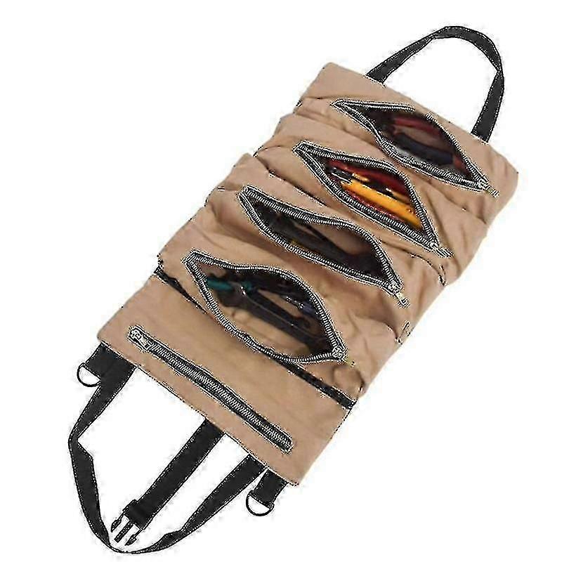 Tool Roll Up Bag with 5 Zipper Pockets, Multi-function Wrench Roll Up Bag Canvas Tool Storage Bag -