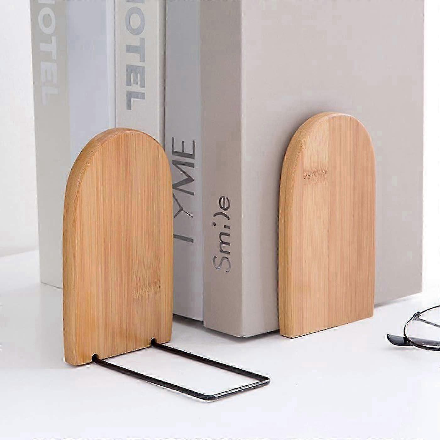 2 Pack Natural Bamboo Bookends Large Capacity Office Bookends Non-Slip Bookshelf Stand Bookshelf