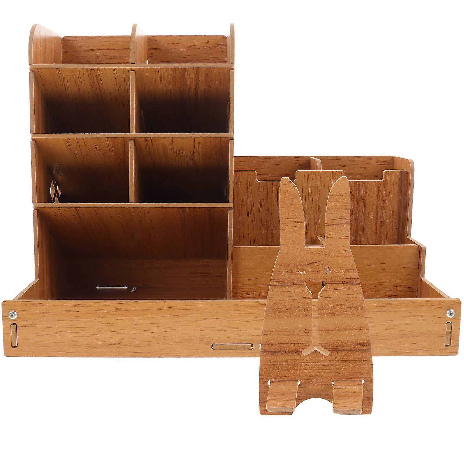 Multi-Functional Pen Organizer Cherry Wood Rectangular Shape Organizing Pens Scissors Notebooks 1Pcs