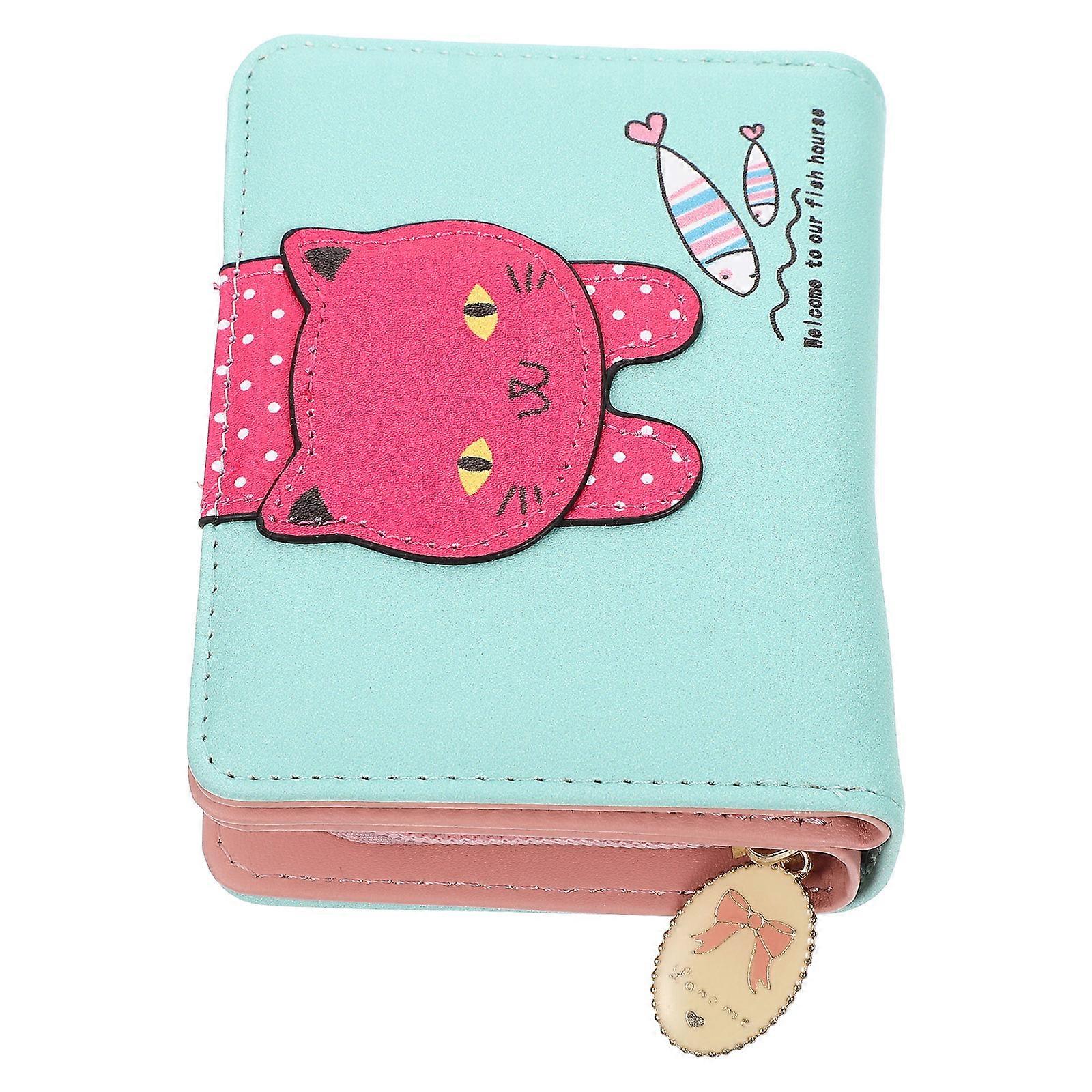 Cute Cat Cartoon Coin Purse Wallet with Zipper, Compact Durable Design for Daily Use, Green