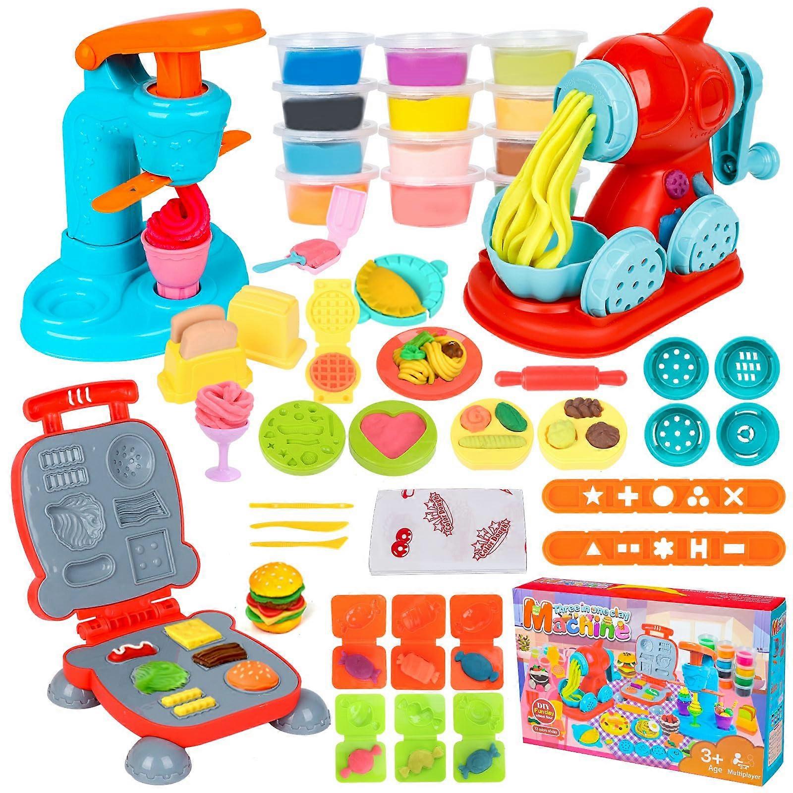 Kneading Tool Set for Kids, 12 Plasticine Dough Cans, Ice Cream Maker, Pasta Machine, Cookie Cutters, Burger Accessories