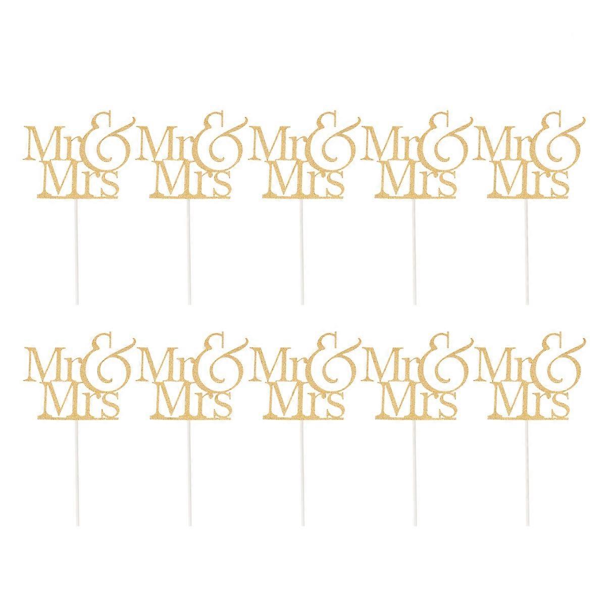 Happy Birthday Cake Toppers Glitter Paper Mr Mrs Printed Words Golden 10Pcs