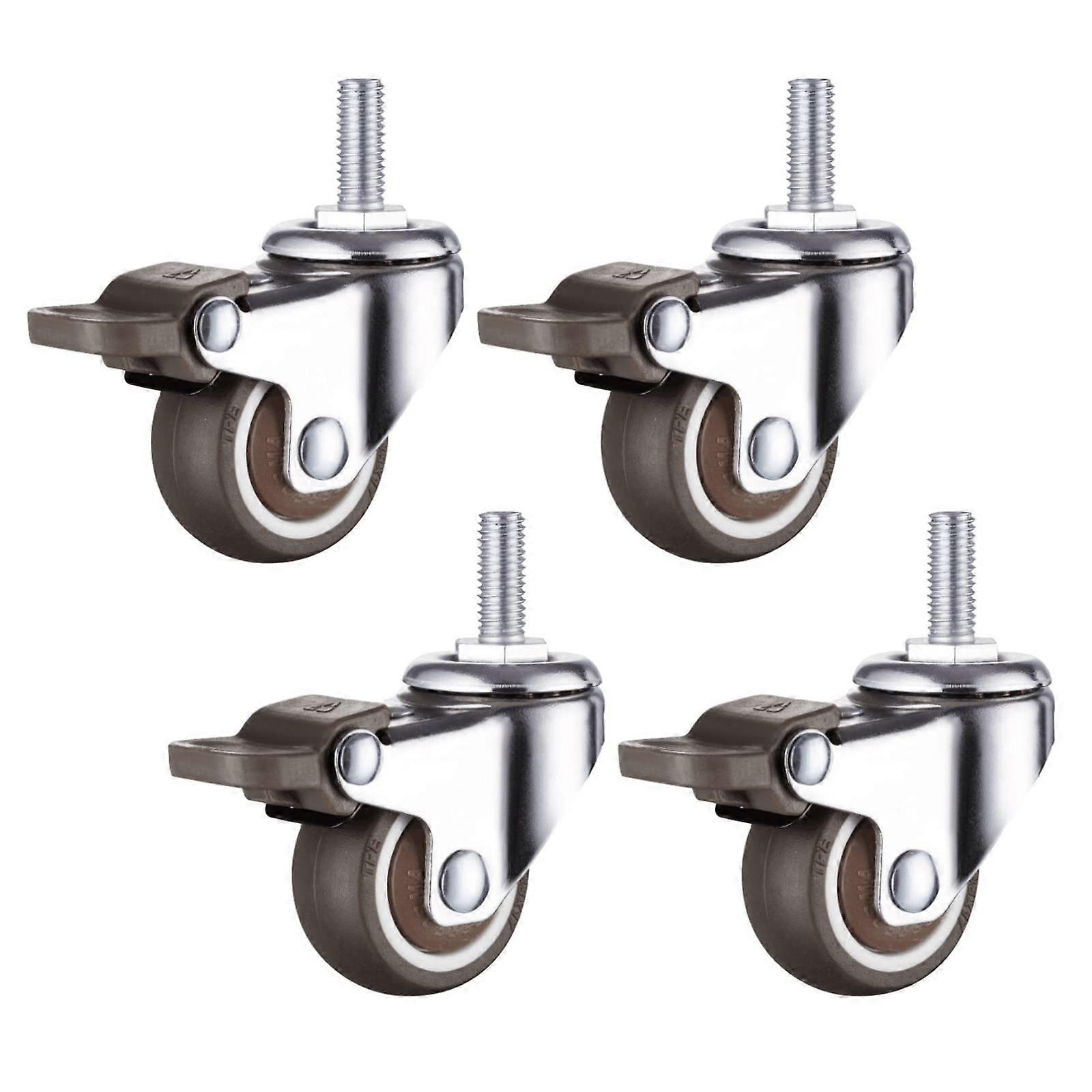 Roulettes pivotantes de 1,5 pouce, diamètre de roue de 38 mm, caoutchouc TPE, tige filetée M10 x 15 mm, paquet de 4 avec frein