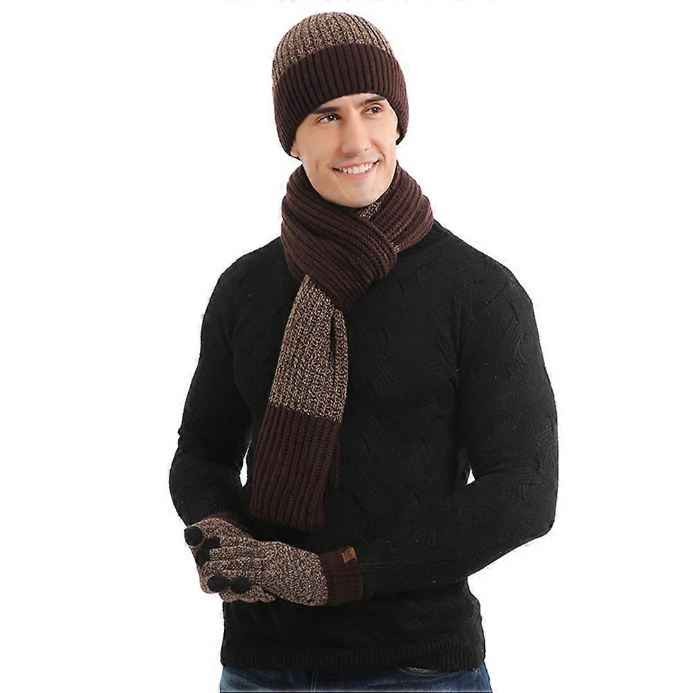 Women Men Winter Warm Knitted Hat Scarf Gloves Set Coffee 32 x 30 x 4cm Stretchy 3Pack