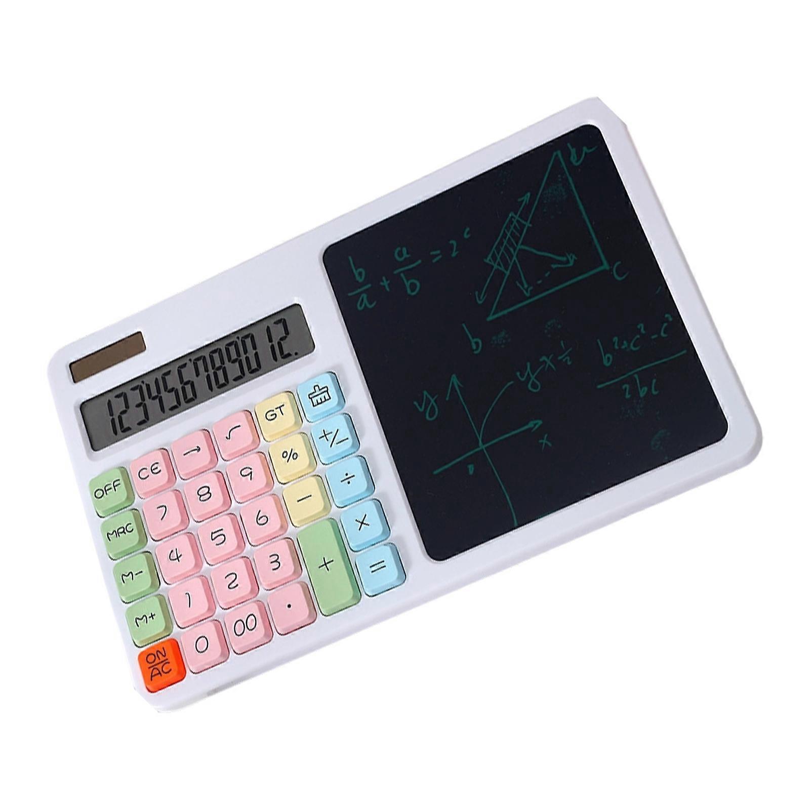 12 Digit Solar Calculator Large LCD Display Standard Function Calculator With LCD Writing Board Double Power Supply White